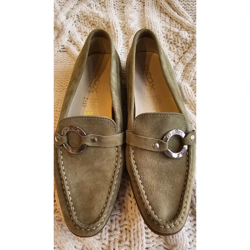 GEOX Respira Women Italian Suede Leather Shoes Loafers EU 36.5 US 6.5 Sage Green